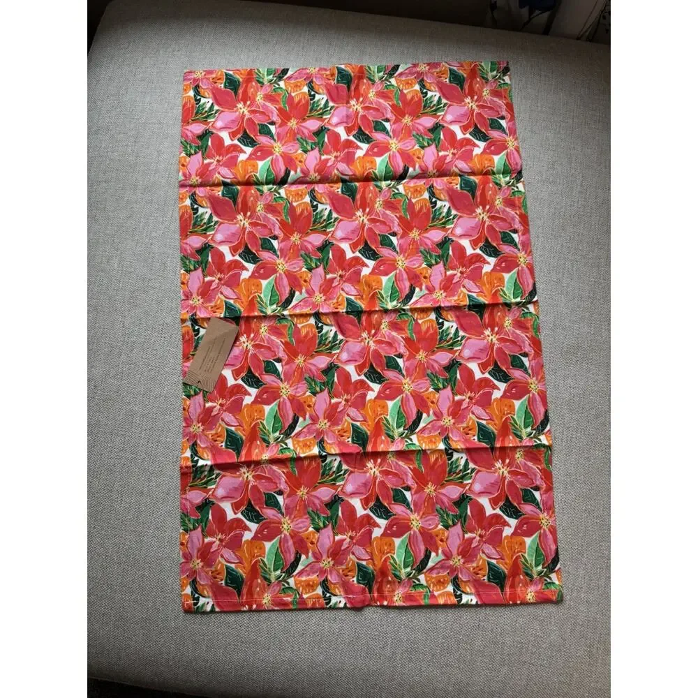 CW Home Tropical Poinsettia Kitchen Towels Qty 2 Cotton Floral Pink Orange NWT